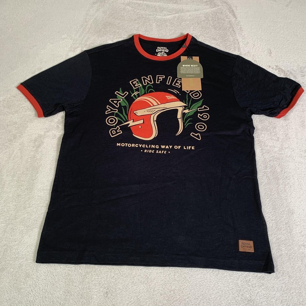Royal Enfield Shirt Mens Medium Black Ride Race Safe Helmet Motorcycle Tee NEW